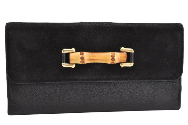 Authentic GUCCI Bamboo Vintage Long Wallet Purse Leather Suede Black 1480K