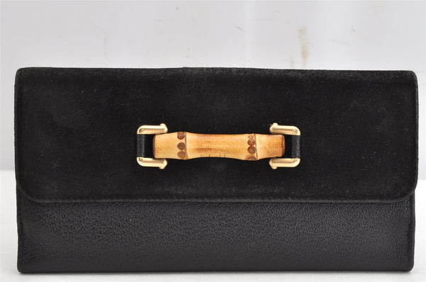 Authentic GUCCI Bamboo Vintage Long Wallet Purse Leather Suede Black 1480K