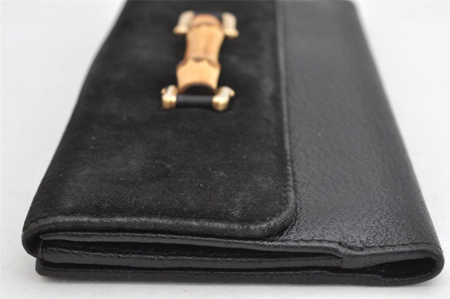 Authentic GUCCI Bamboo Vintage Long Wallet Purse Leather Suede Black 1480K