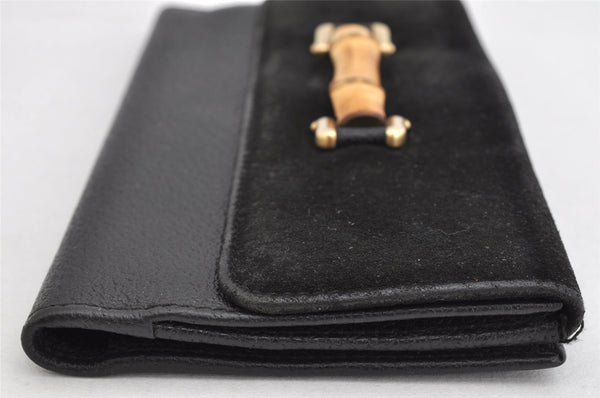 Authentic GUCCI Bamboo Vintage Long Wallet Purse Leather Suede Black 1480K