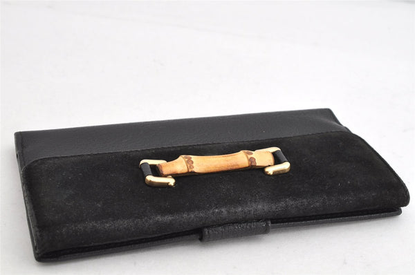 Authentic GUCCI Bamboo Vintage Long Wallet Purse Leather Suede Black 1480K