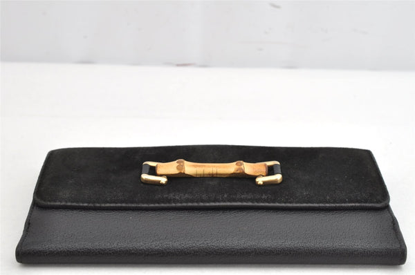 Authentic GUCCI Bamboo Vintage Long Wallet Purse Leather Suede Black 1480K