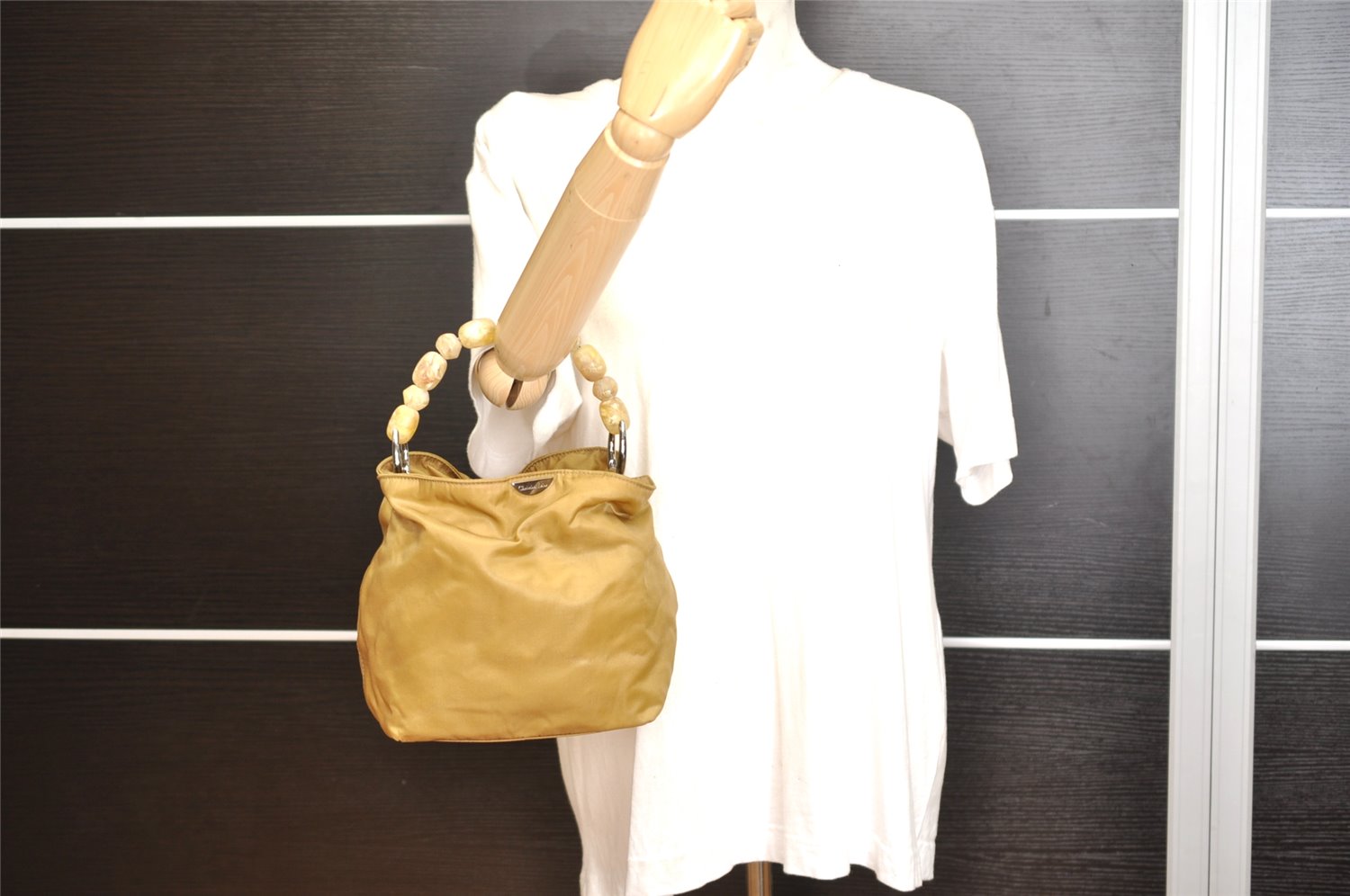 Authentic Christian Dior Maris Pearl Shoulder Hand Bag Purse Nylon Beige 1485K