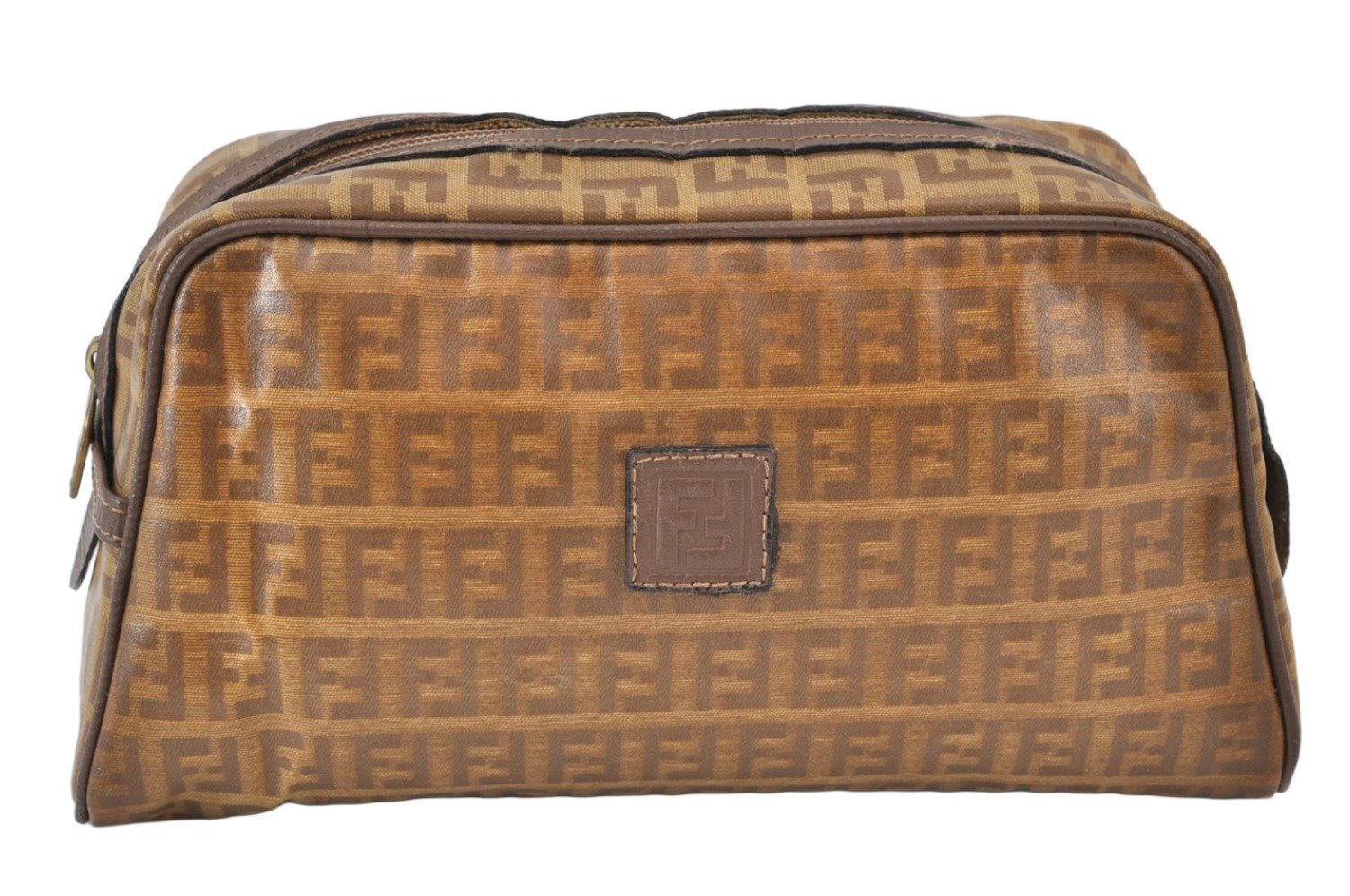 Authentic FENDI Vintage Zucchino Clutch Bag Purse PVC Leather Brown 1487K