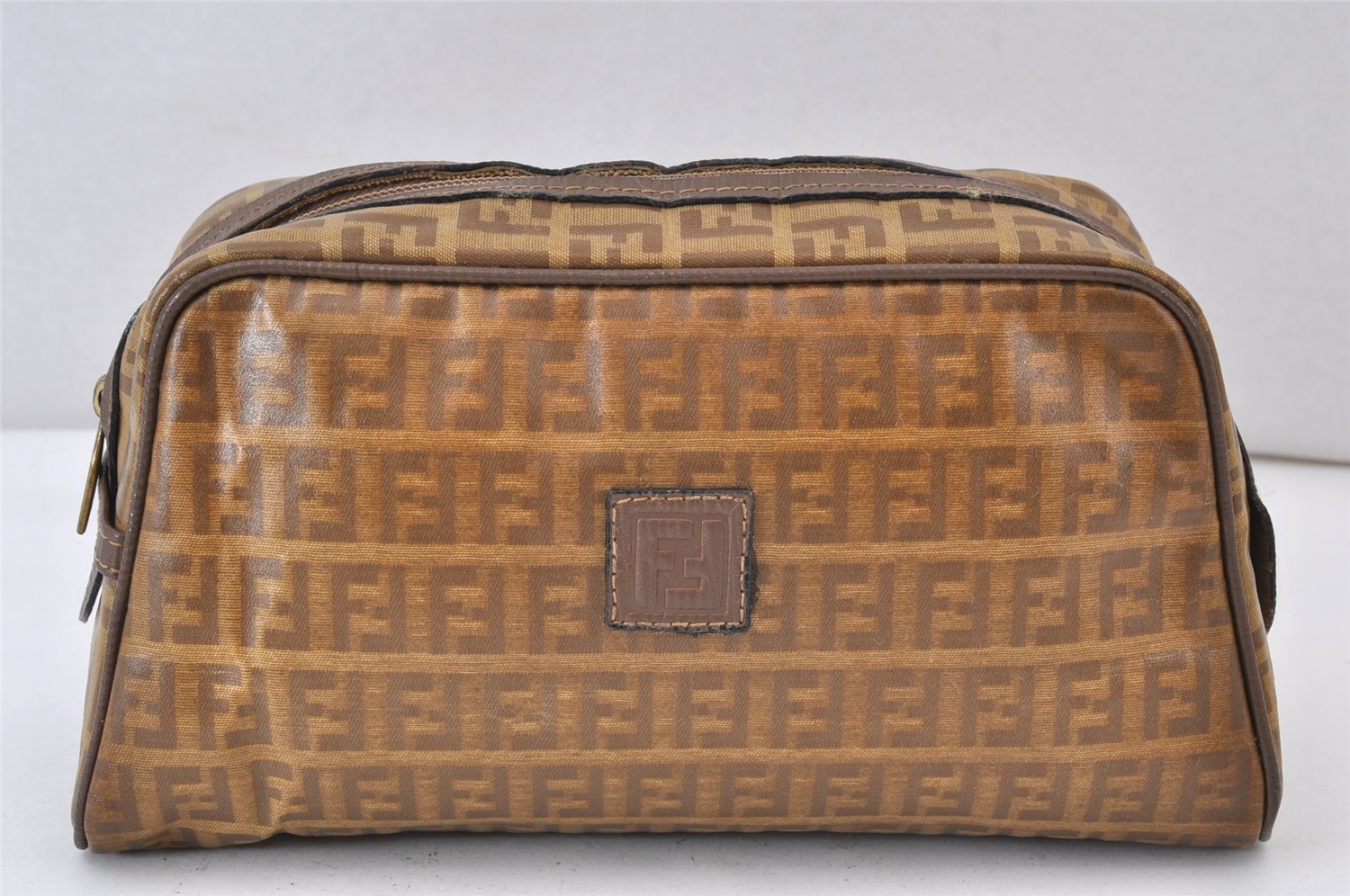 Authentic FENDI Vintage Zucchino Clutch Bag Purse PVC Leather Brown 1487K