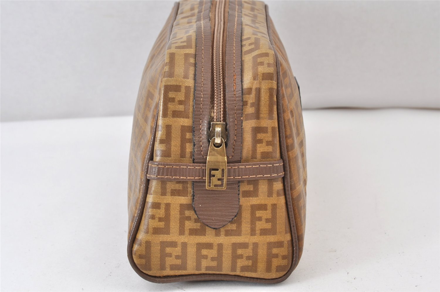 Authentic FENDI Vintage Zucchino Clutch Bag Purse PVC Leather Brown 1487K