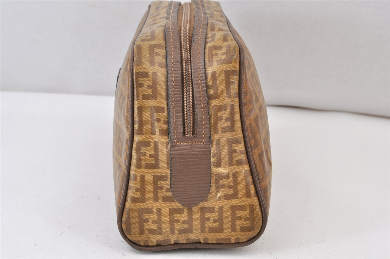 Authentic FENDI Vintage Zucchino Clutch Bag Purse PVC Leather Brown 1487K