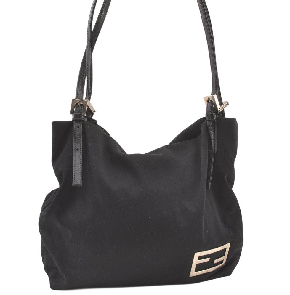 Authentic FENDI Vintage Shoulder Tote Bag Purse Jersey Leather Black 1488K