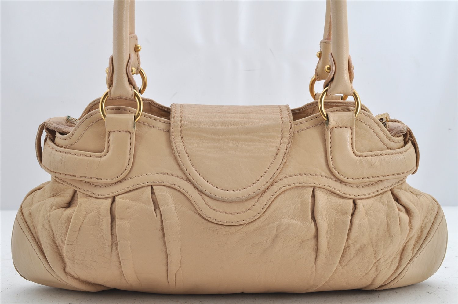Authentic Salvatore Ferragamo Gancini Leather Shoulder Hand Bag Beige 1490K