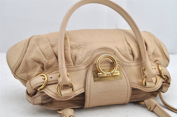 Authentic Salvatore Ferragamo Gancini Leather Shoulder Hand Bag Beige 1490K