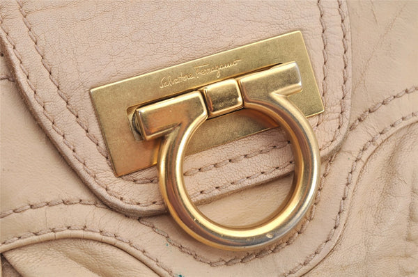 Authentic Salvatore Ferragamo Gancini Leather Shoulder Hand Bag Beige 1490K