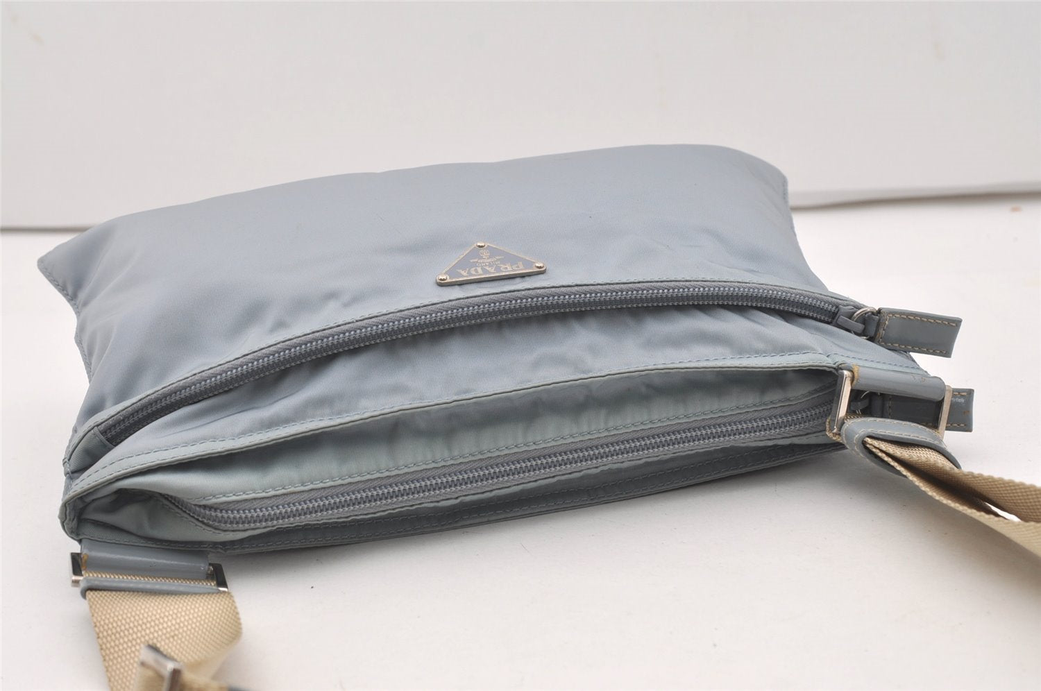 Authentic PRADA Nylon Tessuto Leather Shoulder Cross Body Bag Light Blue 1494J