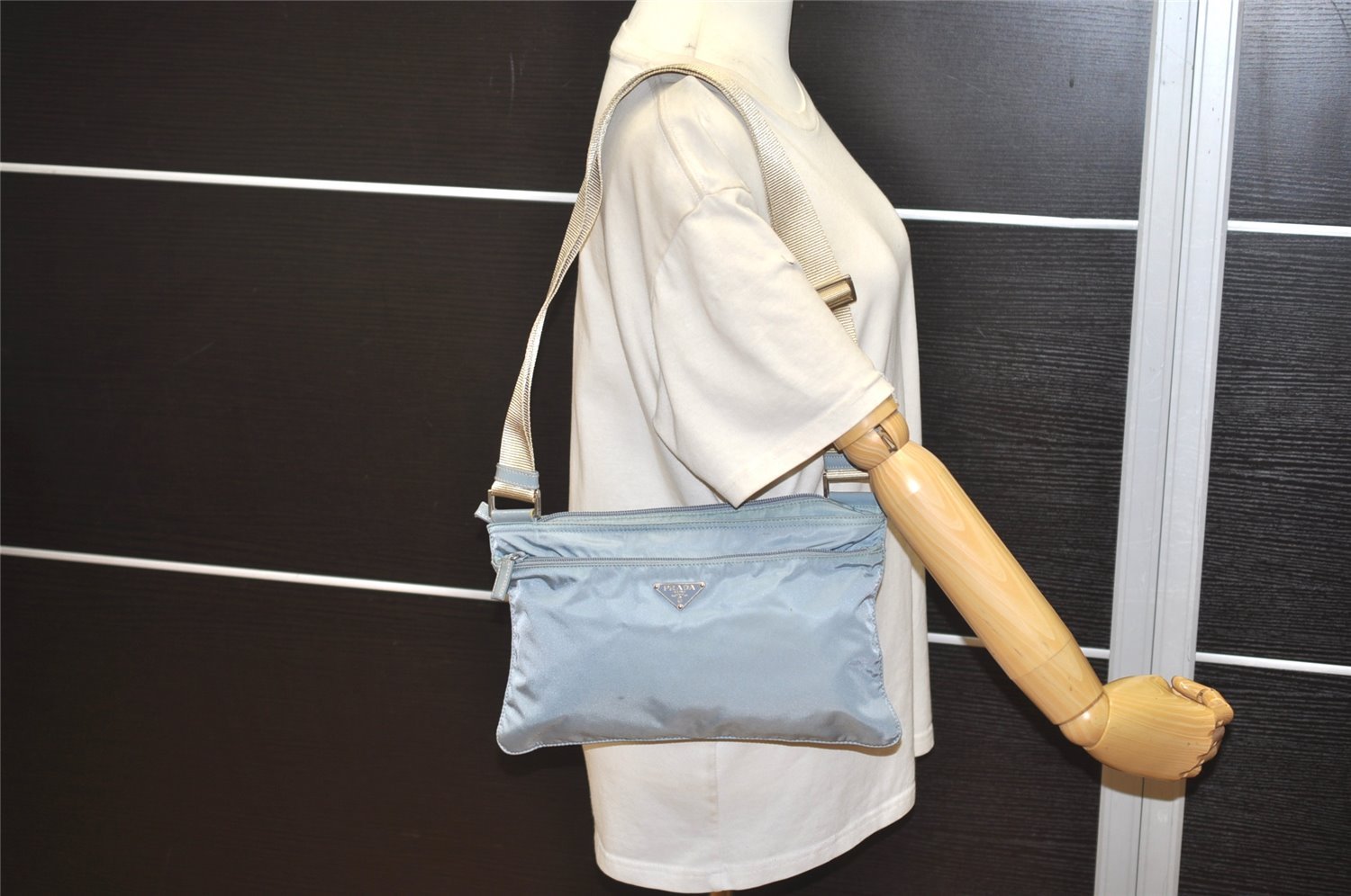 Authentic PRADA Nylon Tessuto Leather Shoulder Cross Body Bag Light Blue 1494J