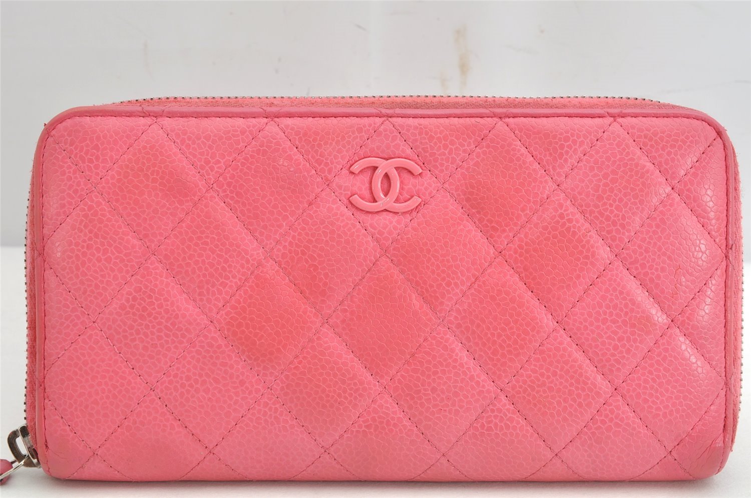 Authentic CHANEL Caviar Skin Matelasse Long Wallet Purse CC Logo Pink 1495K