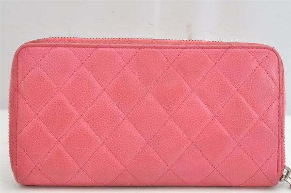 Authentic CHANEL Caviar Skin Matelasse Long Wallet Purse CC Logo Pink 1495K