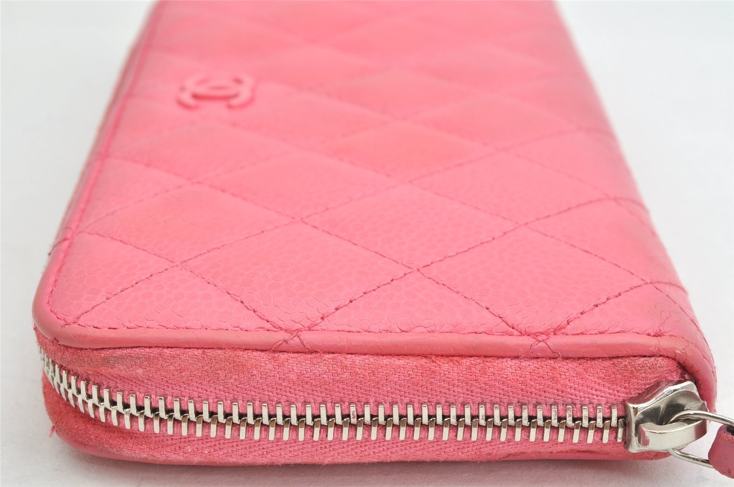 Authentic CHANEL Caviar Skin Matelasse Long Wallet Purse CC Logo Pink 1495K