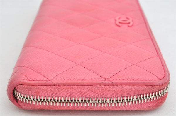 Authentic CHANEL Caviar Skin Matelasse Long Wallet Purse CC Logo Pink 1495K