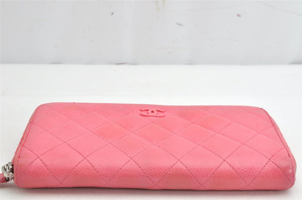 Authentic CHANEL Caviar Skin Matelasse Long Wallet Purse CC Logo Pink 1495K