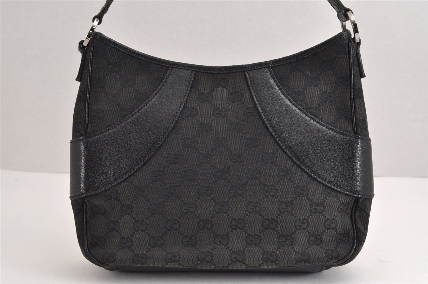 Authentic GUCCI Shoulder Hand Bag Purse GG Canvas Leather 113012 Black 1498J
