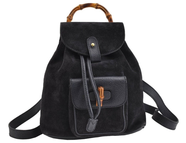 Authentic GUCCI Bamboo Drawstring Backpack Purse Suede Leather Navy Blue 1505J