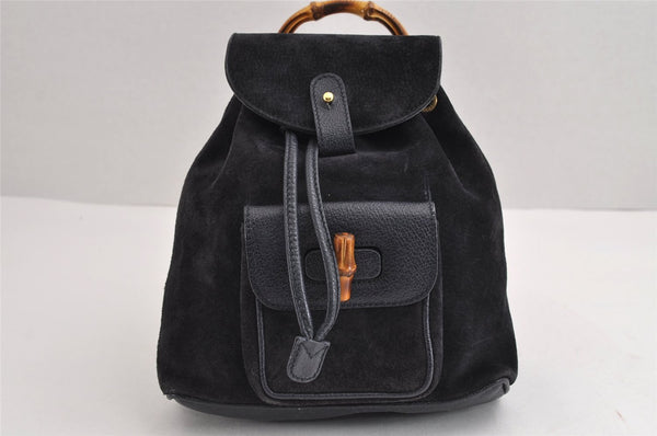 Authentic GUCCI Bamboo Drawstring Backpack Purse Suede Leather Navy Blue 1505J