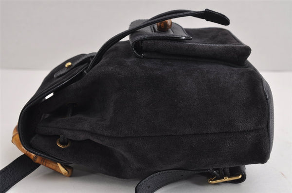 Authentic GUCCI Bamboo Drawstring Backpack Purse Suede Leather Navy Blue 1505J