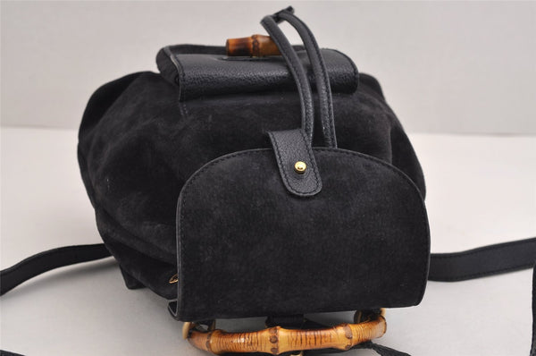 Authentic GUCCI Bamboo Drawstring Backpack Purse Suede Leather Navy Blue 1505J