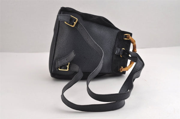 Authentic GUCCI Bamboo Drawstring Backpack Purse Suede Leather Navy Blue 1505J