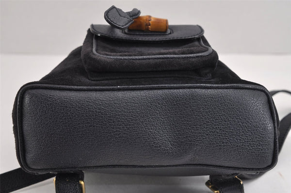 Authentic GUCCI Bamboo Drawstring Backpack Purse Suede Leather Navy Blue 1505J