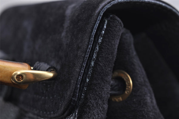 Authentic GUCCI Bamboo Drawstring Backpack Purse Suede Leather Navy Blue 1505J