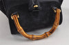 Authentic GUCCI Bamboo Drawstring Backpack Purse Suede Leather Navy Blue 1505J