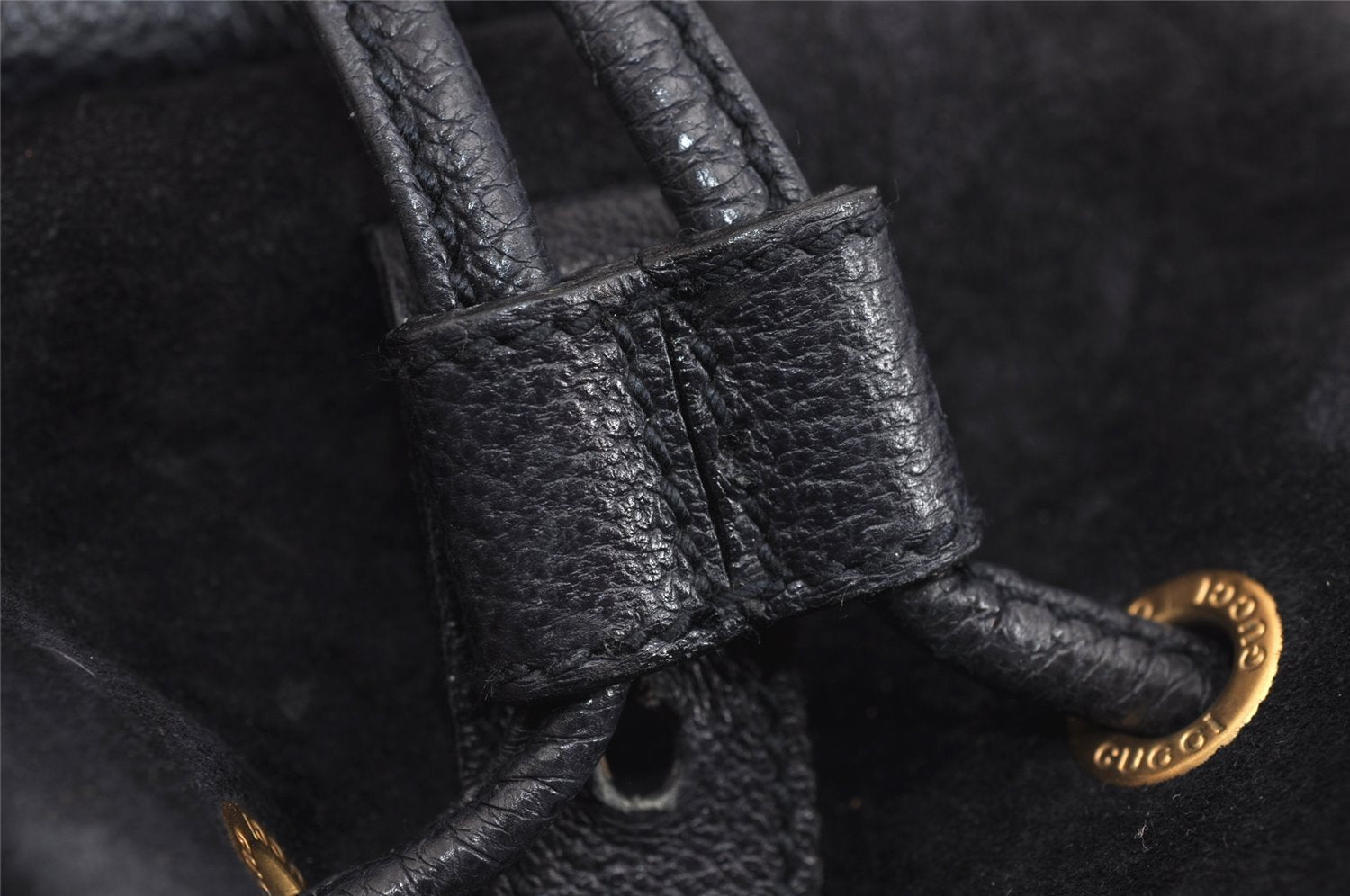 Authentic GUCCI Bamboo Drawstring Backpack Purse Suede Leather Navy Blue 1505J