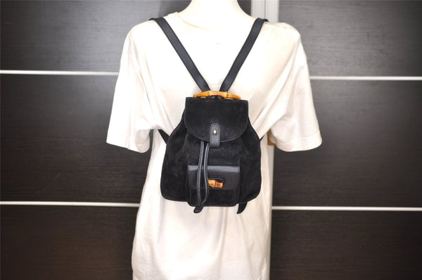 Authentic GUCCI Bamboo Drawstring Backpack Purse Suede Leather Navy Blue 1505J