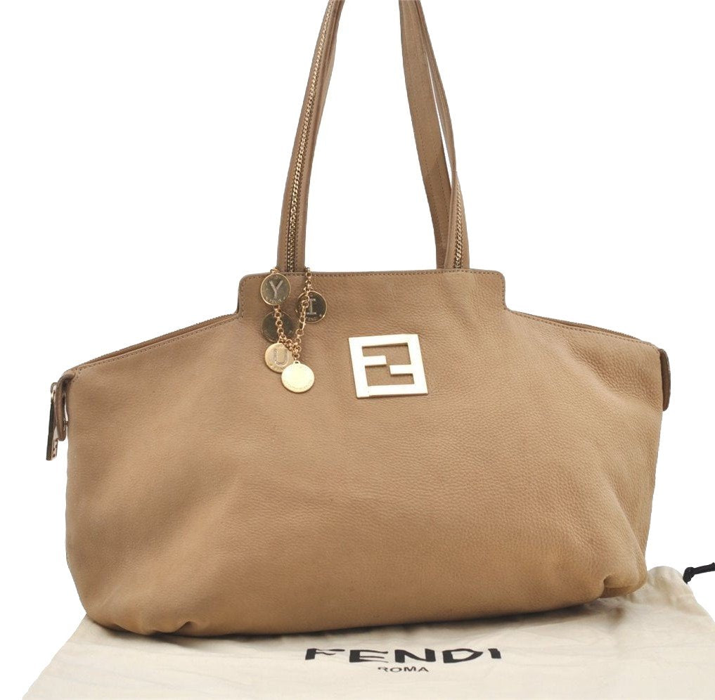 Authentic FENDI Vintage Leather Shoulder Tote Bag Beige 1508J