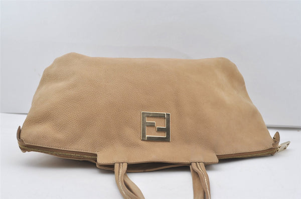 Authentic FENDI Vintage Leather Shoulder Tote Bag Beige 1508J