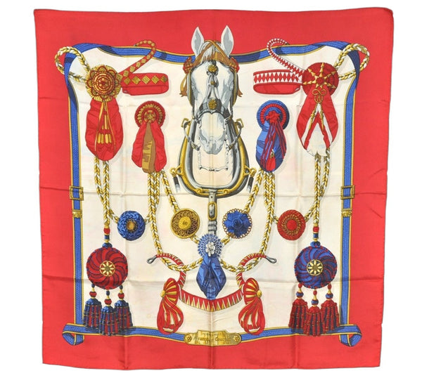 Authentic HERMES Carre 90 Scarf "Frontaux et Cocardes" Silk Red 1514K