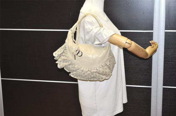 Authentic Christian Dior Gypsy Shoulder Hand Bag Purse Leather White 1528J