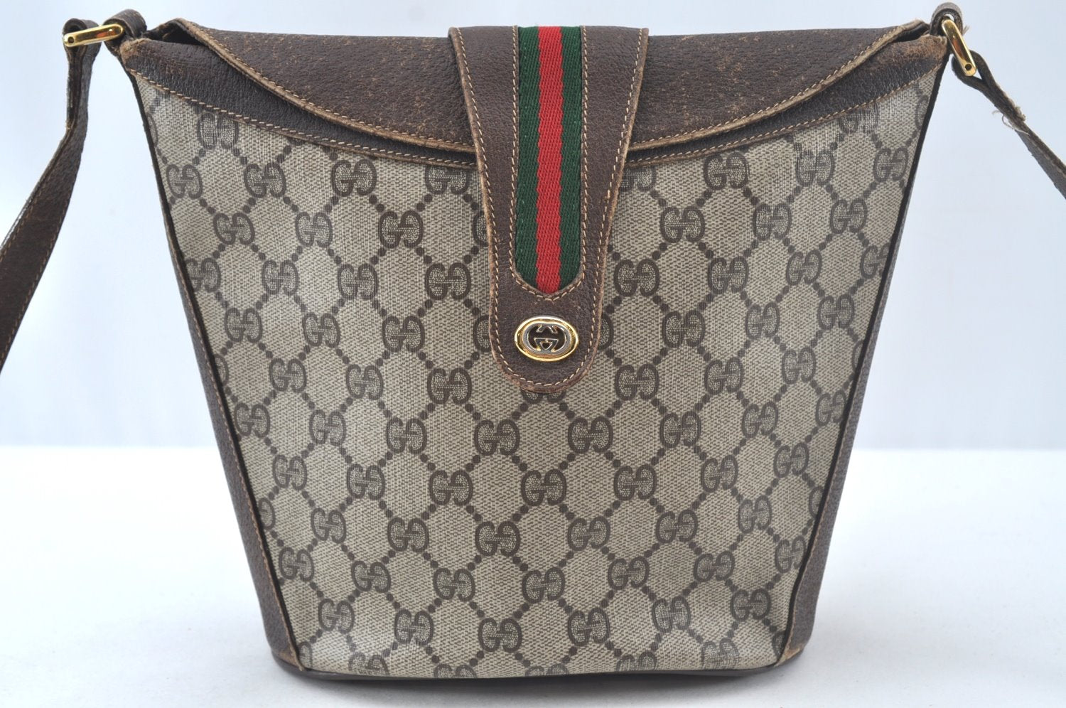 Authentic GUCCI Web Sherry Line Shoulder Cross Bag GG PVC Leather Brown 1528K