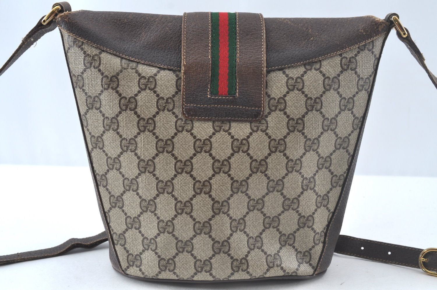 Authentic GUCCI Web Sherry Line Shoulder Cross Bag GG PVC Leather Brown 1528K