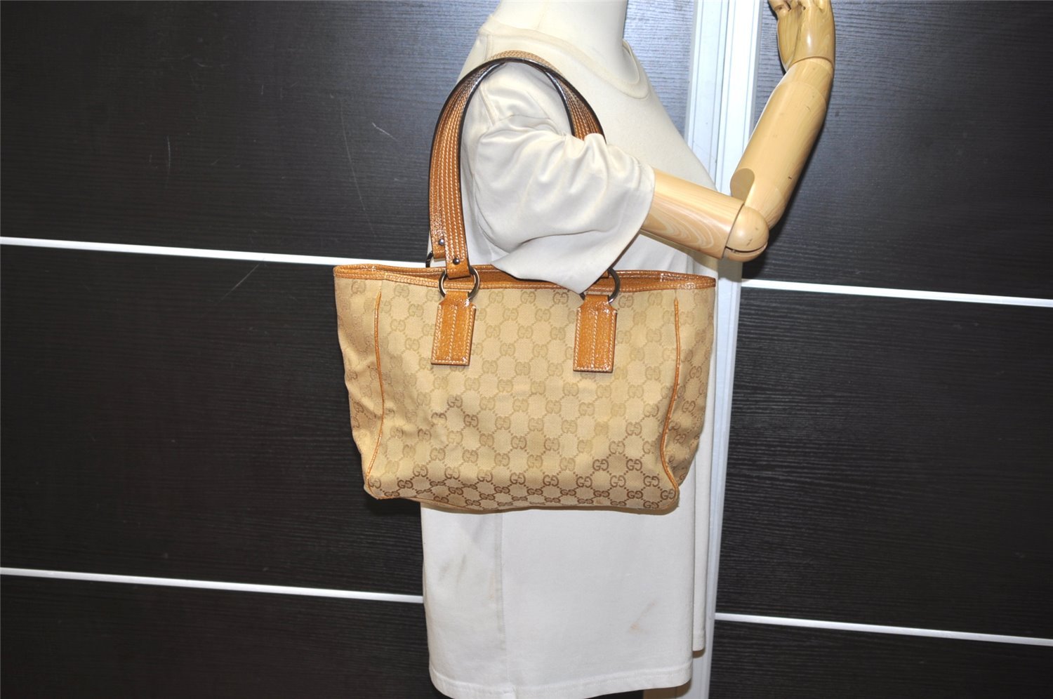 Authentic GUCCI Shoulder Tote Bag GG Canvas Leather 113019 Beige 1530K
