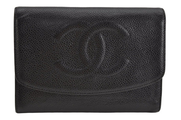 Authentic CHANEL Vintage Caviar Skin CC Logo Trifold Wallet Purse Black 1532K