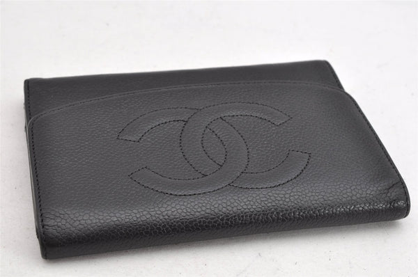 Authentic CHANEL Vintage Caviar Skin CC Logo Trifold Wallet Purse Black 1532K