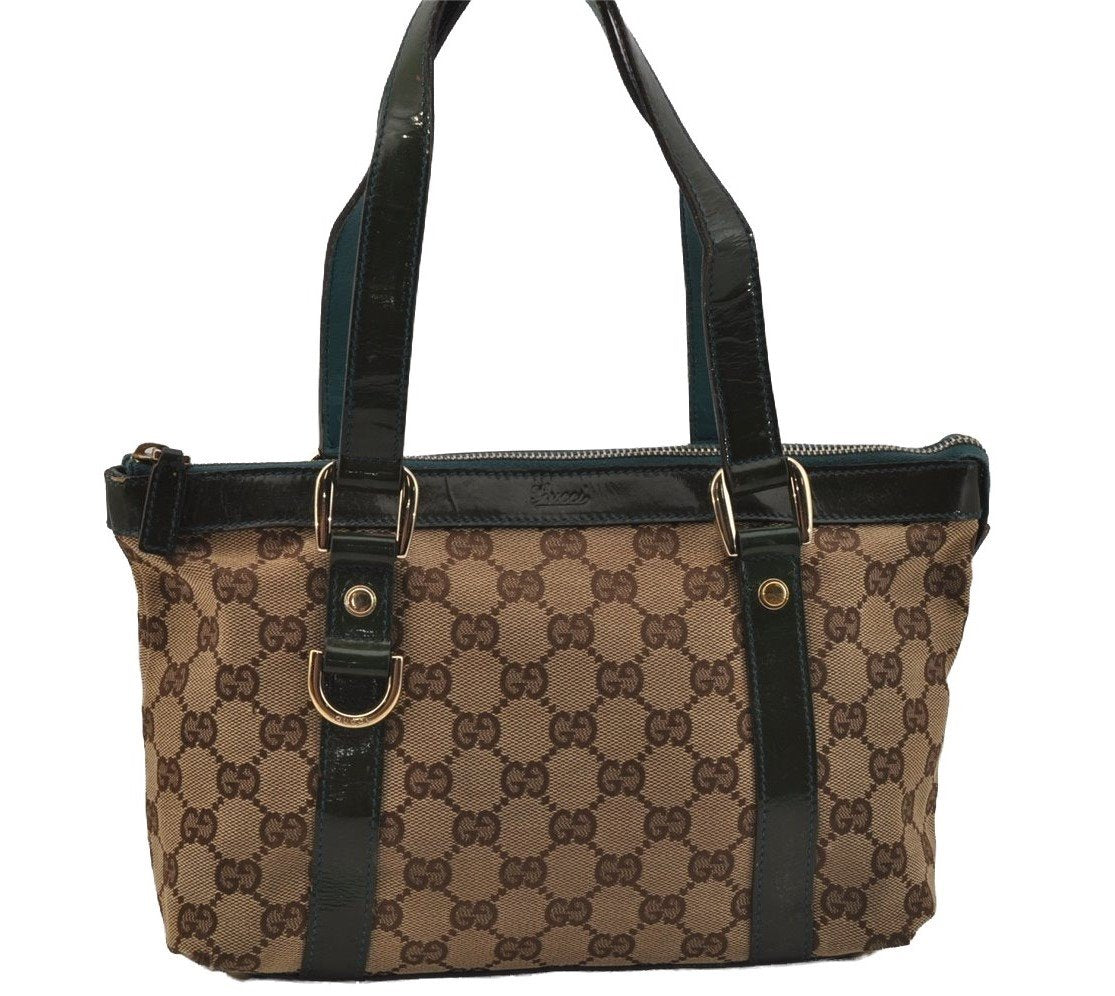 Authentic GUCCI Abbey Hand Tote Bag Purse GG Canvas Enamel 141471 Brown 1534J