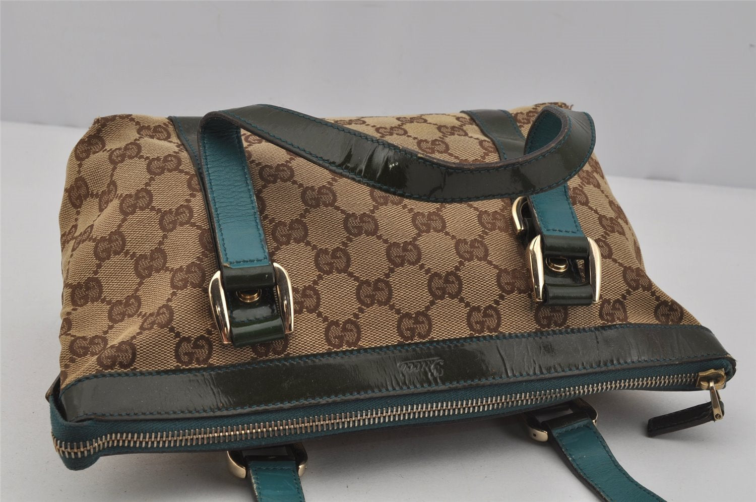 Authentic GUCCI Abbey Hand Tote Bag Purse GG Canvas Enamel 141471 Brown 1534J