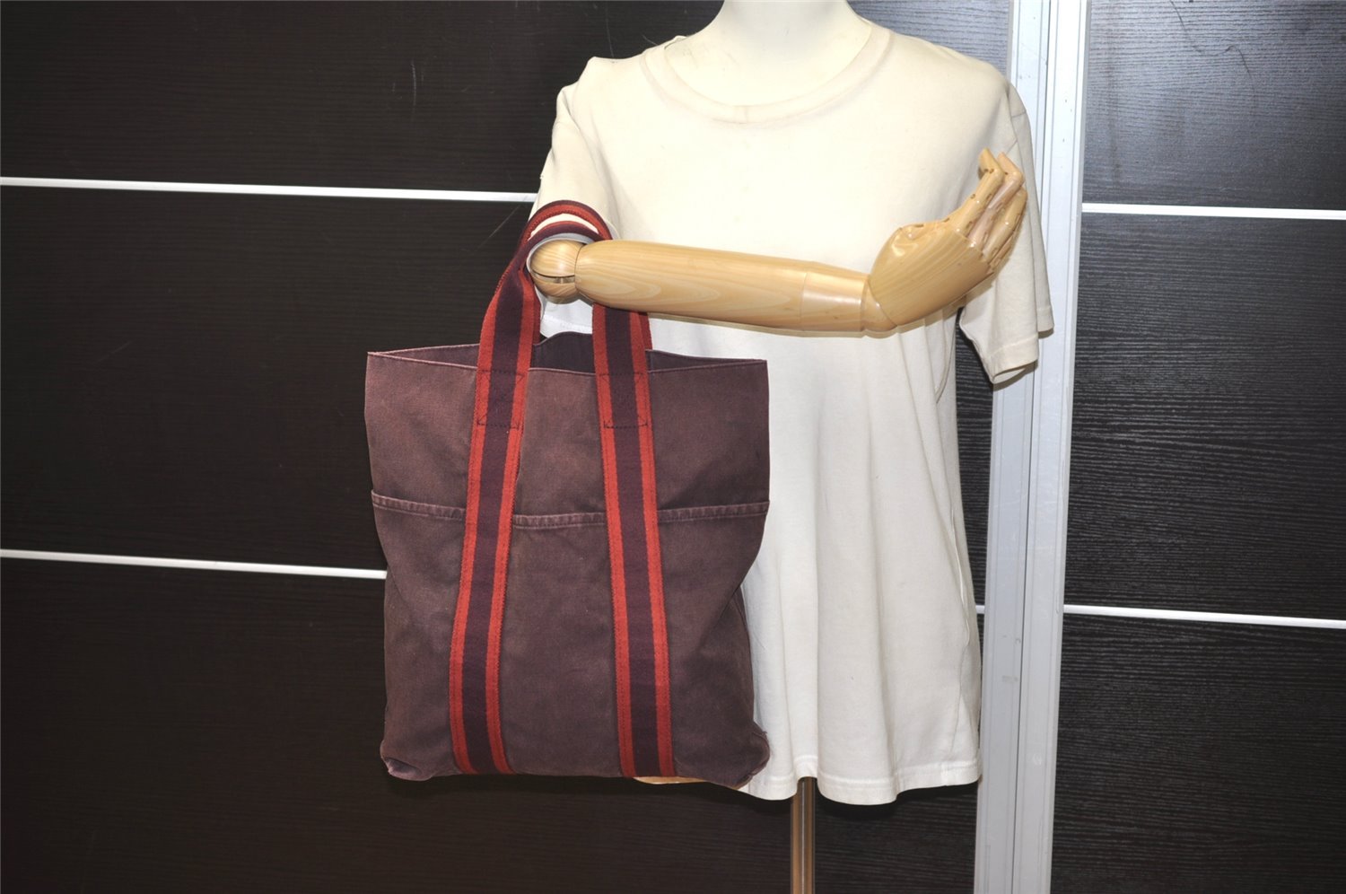 Authentic HERMES Fourre Tout Cabas Hand Tote Bag Canvas Bordeaux Red 1535J