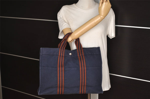 Authentic HERMES Fourre Tout MM Hand Tote Bag Canvas Navy 1536J