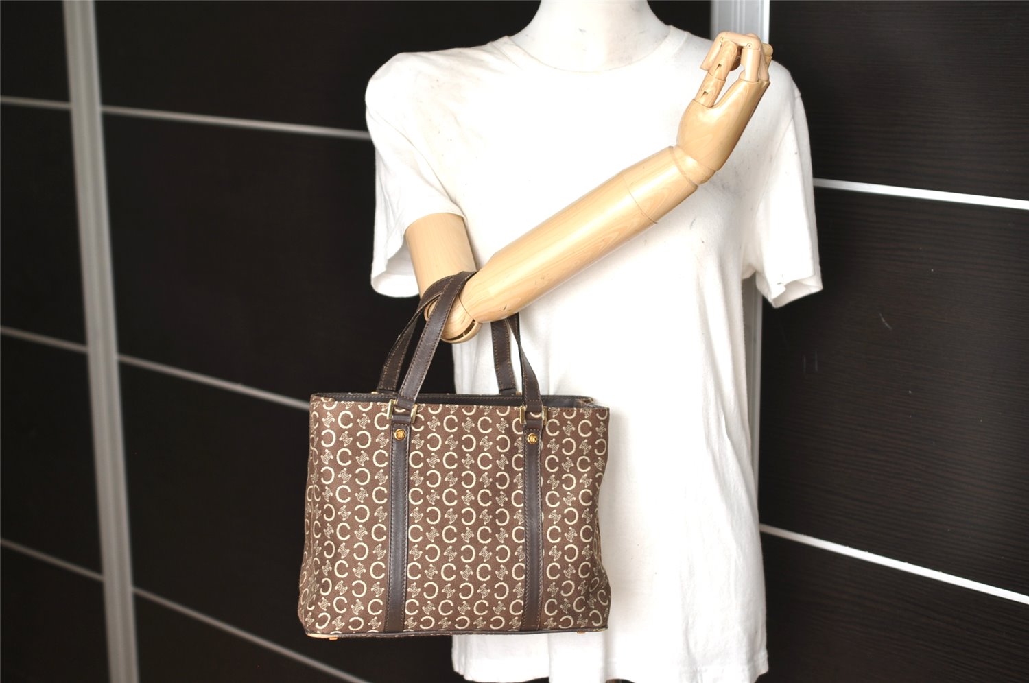 Authentic CELINE C Macadam Blason Pattern Hand Bag Canvas Leather Brown 1537K