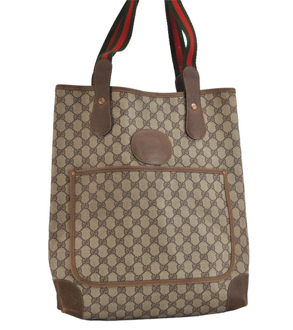 Authentic GUCCI Web Sherry Line Shoulder Tote Bag GG PVC Leather Brown 1539J