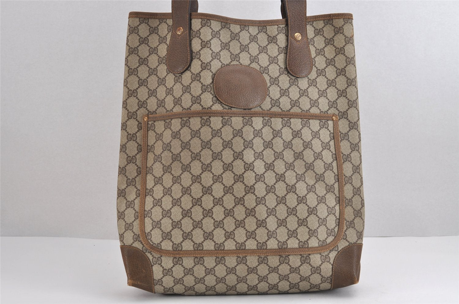 Authentic GUCCI Web Sherry Line Shoulder Tote Bag GG PVC Leather Brown 1539J