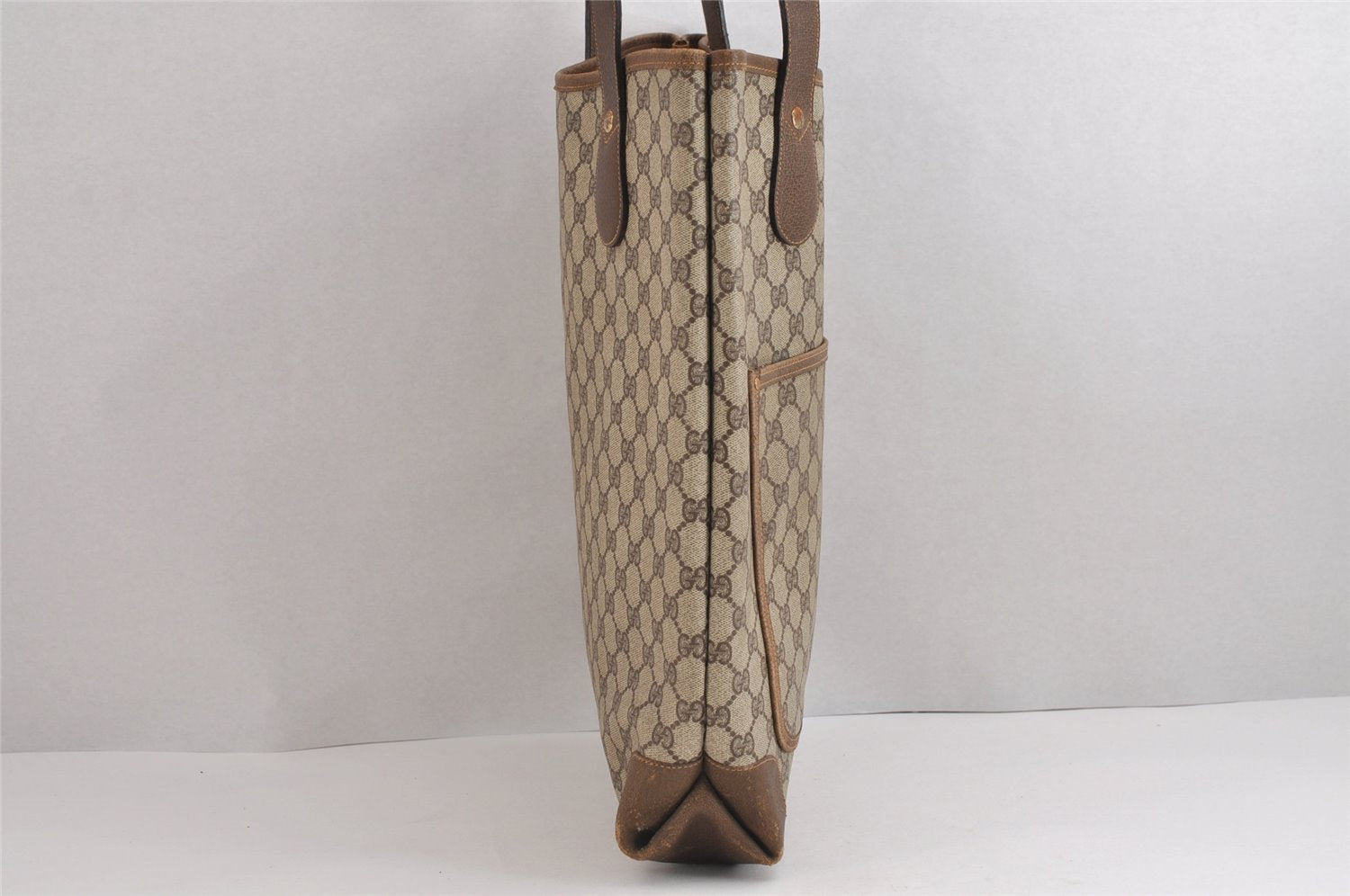 Authentic GUCCI Web Sherry Line Shoulder Tote Bag GG PVC Leather Brown 1539J